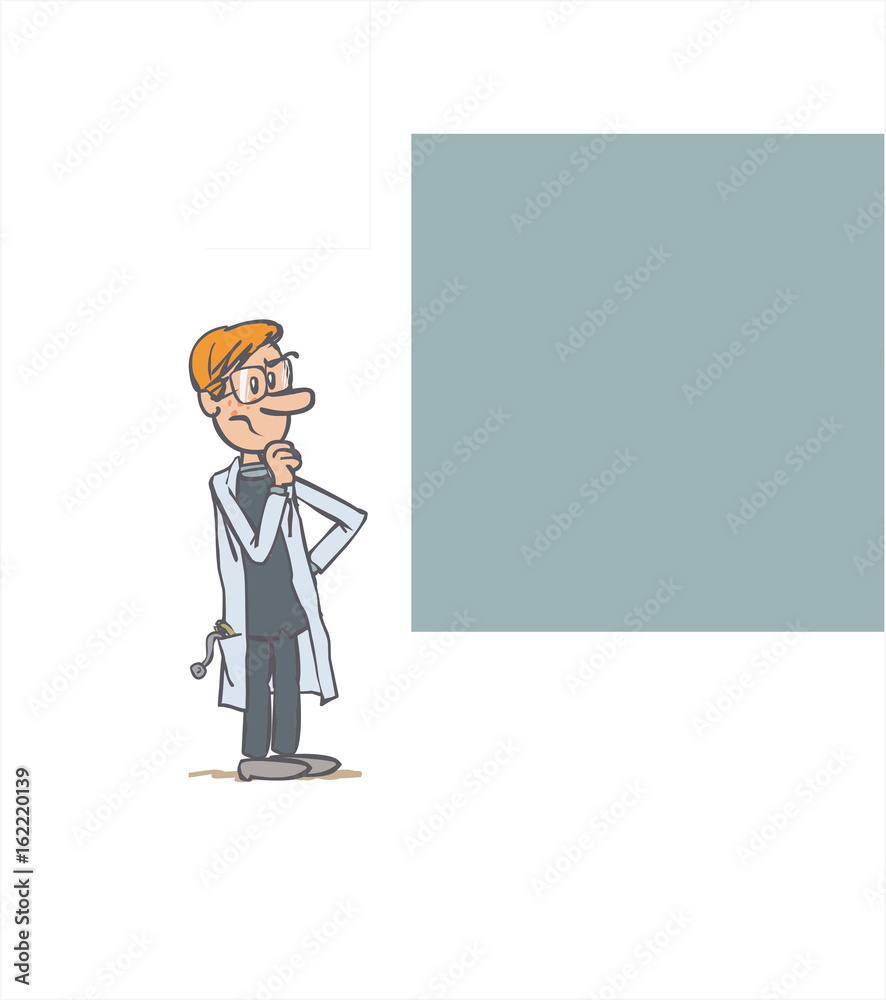 white male doctor showing something. The character is doubting. Vector illustration to isolated and funny cartoon character. white male doctor showing something. The character is doubting. Vector illustration to isolated and funny cartoon character.