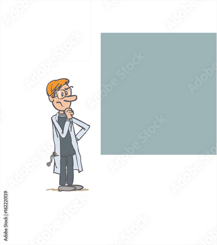 white male doctor showing something. The character is doubting. Vector illustration to isolated and funny cartoon character.