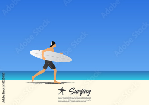 Young surfer man carrying surfboard and running on white sand beach while on summer vacation. Blue gradient sky background  with copy space for your text.  Vector Illustration.
