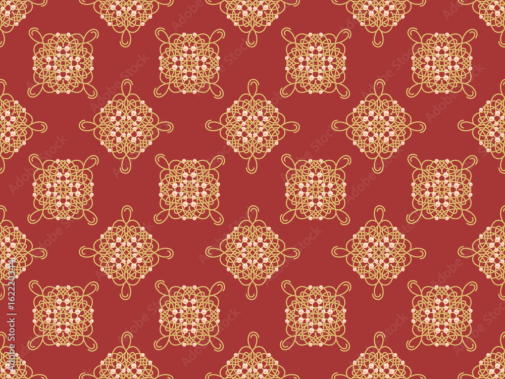 Elegant golden knot sign. Red and golden yellow seamless pattern, beautyful calligraphic flourish with pearls. Elegant golden knot sign. Red and golden yellow seamless pattern, beautyful calligraphic flourish with pearls.