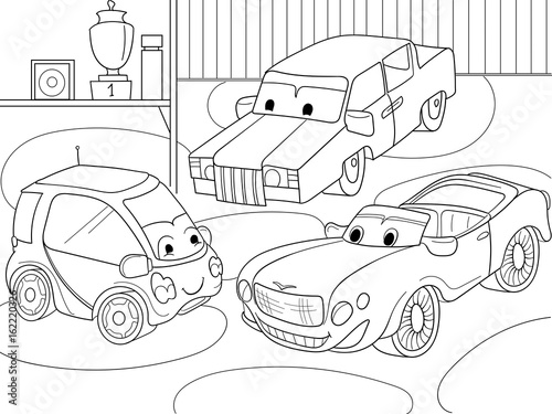 Childrens cartoon coloring book for boys. Vector illustration of a garage with live cars