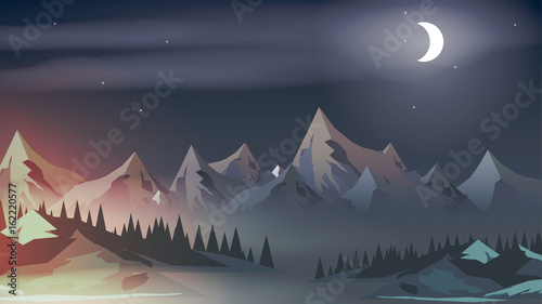 Sunset with Mountain Peaks, Pine Forest and Moon Rise - Vector Illustration.
