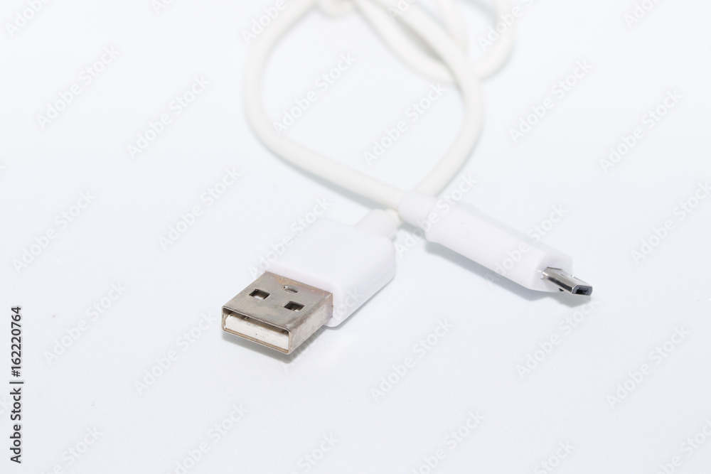 White micro USB cable for android isolated on white background White micro USB cable for android isolated on white background