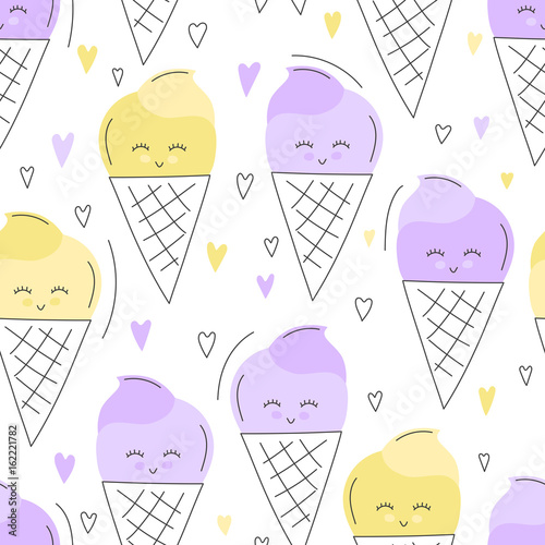Cute hand drawn ice cream seamless pattern. Sweet food vector background. Delicious summer design. Wrapping, print, wallpaper with frozen tasty treat. Cartoon kid illustration.
