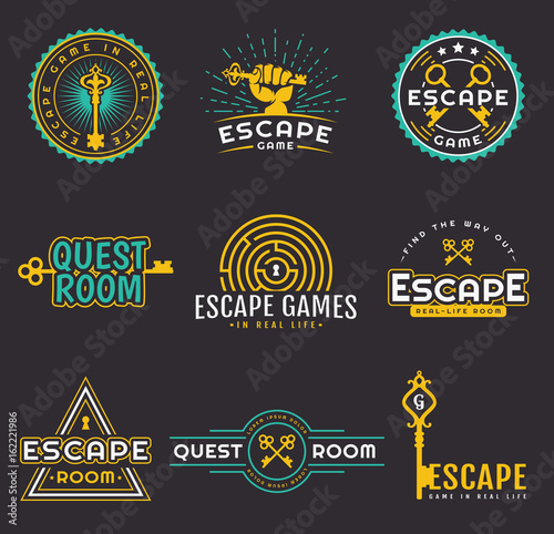 Quest room and escape game logo set.