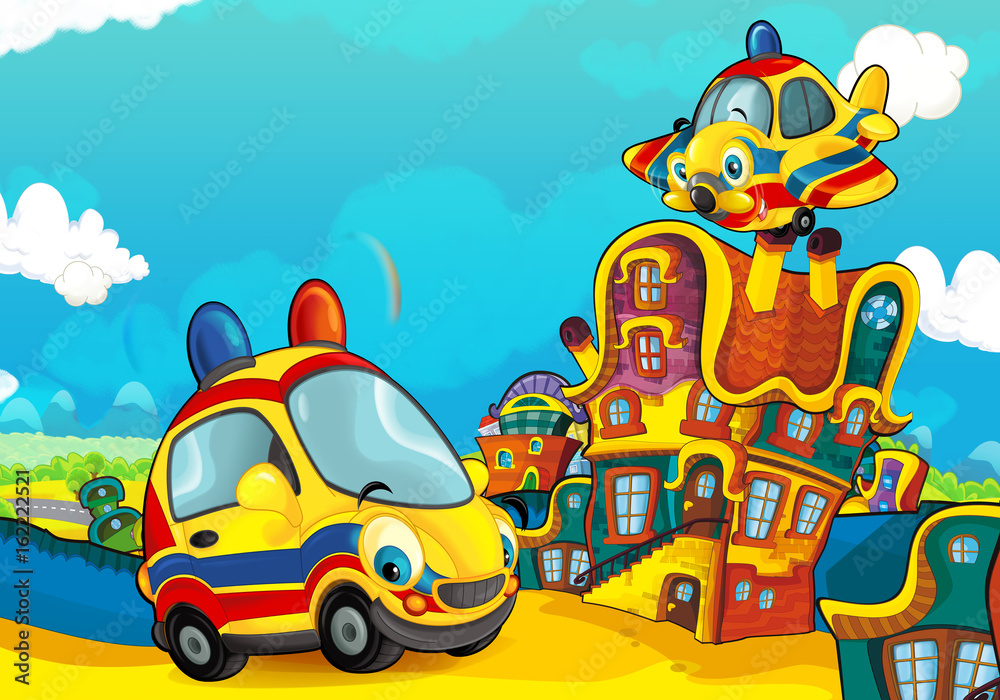 Cartoon ambulance car smiling and looking in the parking lot and plane flying over - illustration for children Cartoon ambulance car smiling and looking in the parking lot and plane flying over - illustration for children