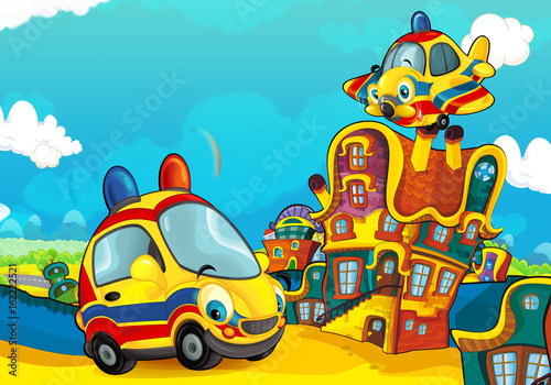 Cartoon ambulance car smiling and looking in the parking lot and plane flying over - illustration for children