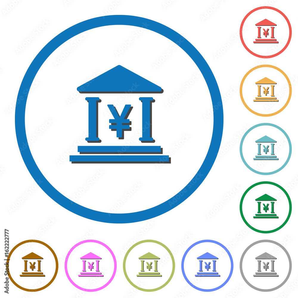 Yen bank office icons with shadows and outlines Yen bank office icons with shadows and outlines