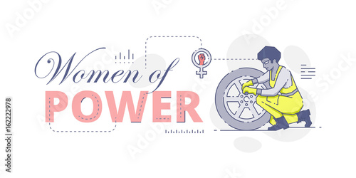 Woman repairing wheel with wrench