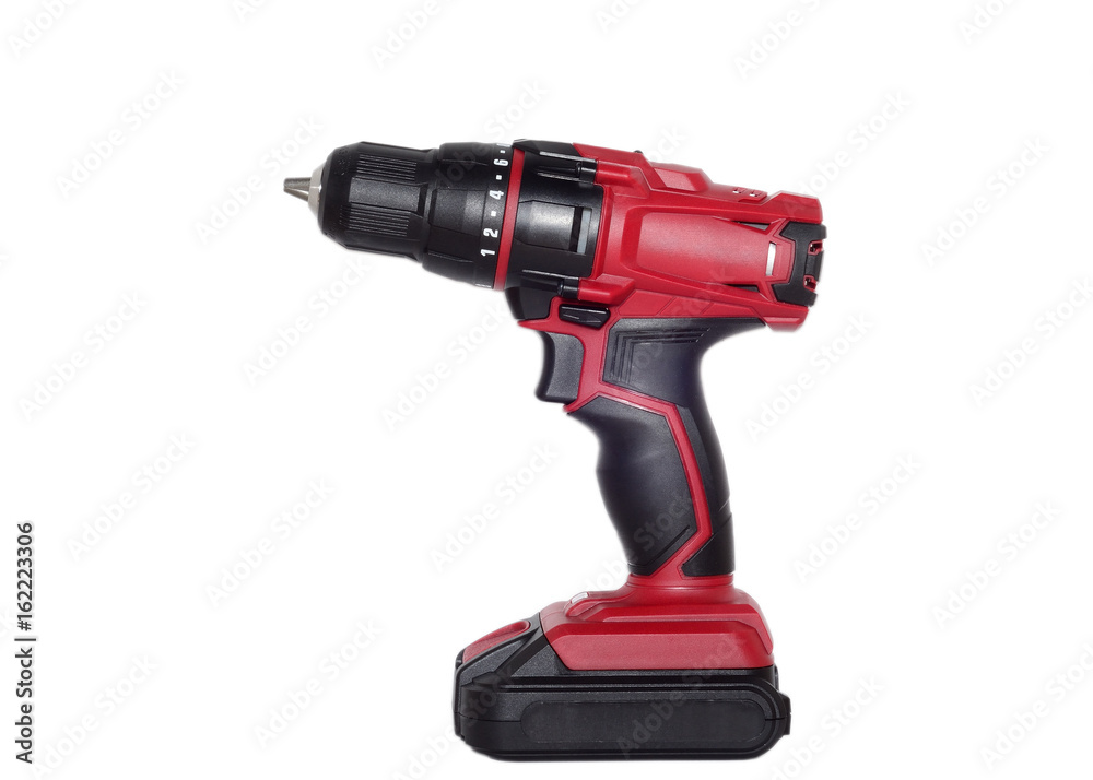 Cordless drill in white isolated background. Accumulator Screwdriver.