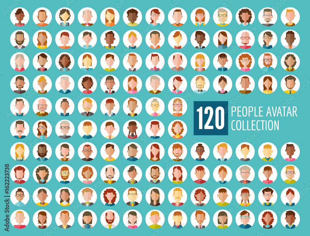 Collection of 120 different people avatars in flat design.  Diverse type of people with different nationalities, ages, clothing and hair styles. Round vector icons isolated on white background. - obrazy, fototapety, plakaty 