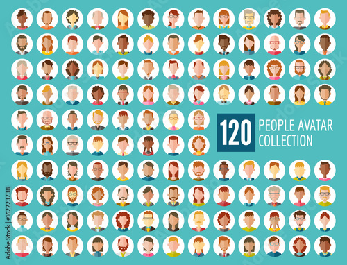 Collection of 120 different people avatars in flat design. Diverse type of people with different nationalities, ages, clothing and hair styles. Round vector icons isolated on white background.
