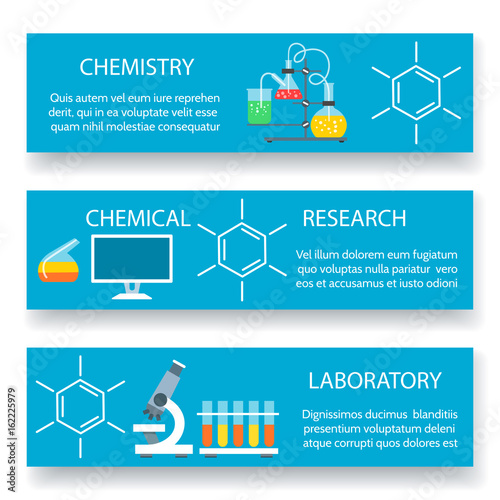 Chemistry lab banners. Vector science experiment backgrounds with scientific laboratory equipment