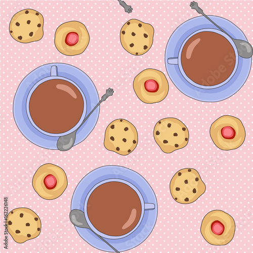 
Seamless vector pattern with tea cups and cookies