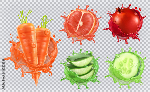 Aloe juice, carrots, grapefruit, pomegranate, cucumber. Health and care. 3d vector icon set