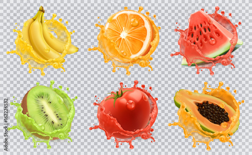 Orange, kiwi fruit, banana, tomato, watermelon, papaya juice. Fresh fruits and splashes, 3d vector icon set