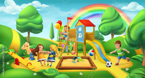 Children playground. Nature landscape. Park 3d vector panorama