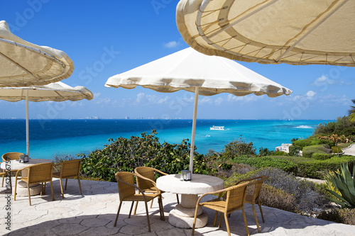 Terrace patio with a sea view. Beautiful and relaxing scenery on a sunny day.