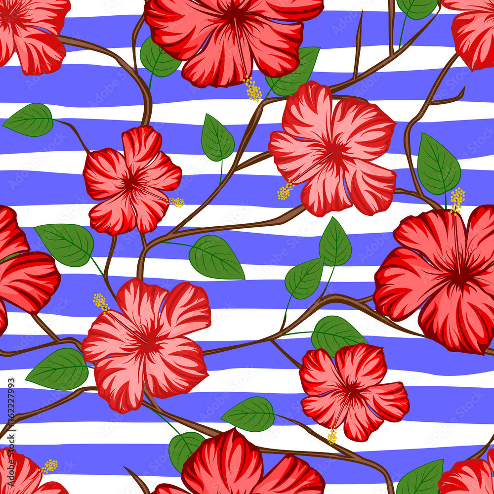 Hibiscus blossom  seamless pattern on strip background.
