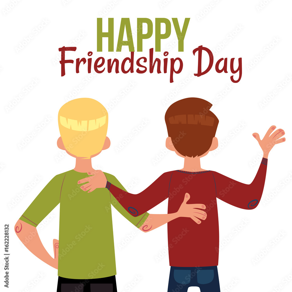 Happy friendship day greeting card with back view of two men, friends hugging, cartoon vector illustration on white background. Back view portrait of male friends, friendship day greeting card Happy friendship day greeting card with back view of two men, friends hugging, cartoon vector illustration on white background. Back view portrait of male friends, friendship day greeting card