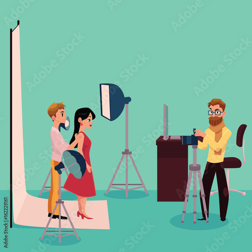 Photographer taking pictures, shooting a couple in fully equipped professional studio, cartoon vector illustration on white background. Photographer working in studio with professional photo equipment