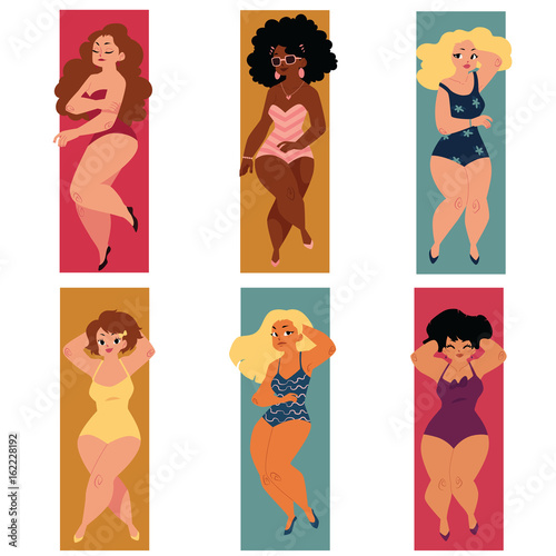 Set of plump, overweight, plus size curvy women, girls in swimming suits lying on the beach, cartoon vector illustration isolated on white background. Set of plump, overweight women in swimming suits