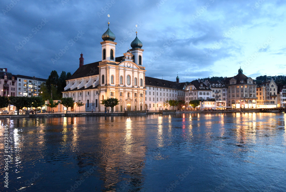 Jesuit Church at night in Lucerne, Switzerland