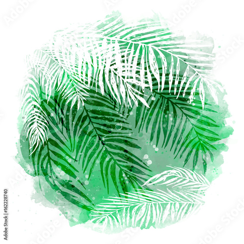 trendy green tropical background, exotic leaves, coconut palm. Vector botanic...