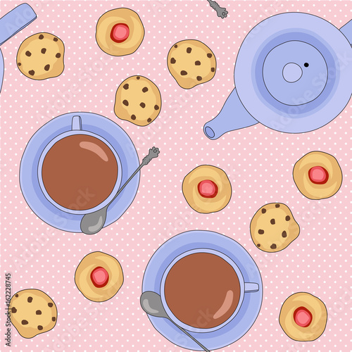 
Seamless vector pattern with tea cups and cookies