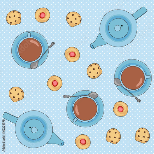 
Seamless vector pattern with tea cups and cookies