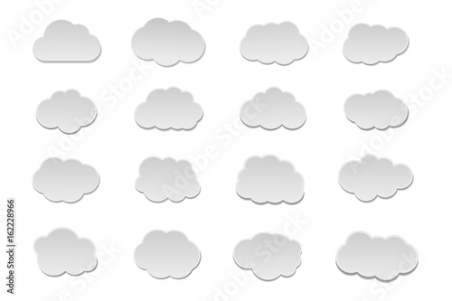 Vector set of isolated realistic paper clouds for icon decoration and covering on the white background.