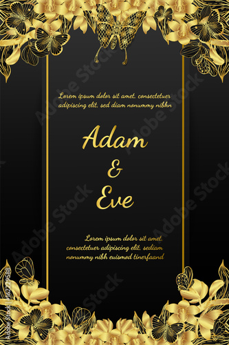 Wallpaper Mural Butterfly with orchids invitation card by hand drawing.Butterfly and gold flower on black background. Torontodigital.ca