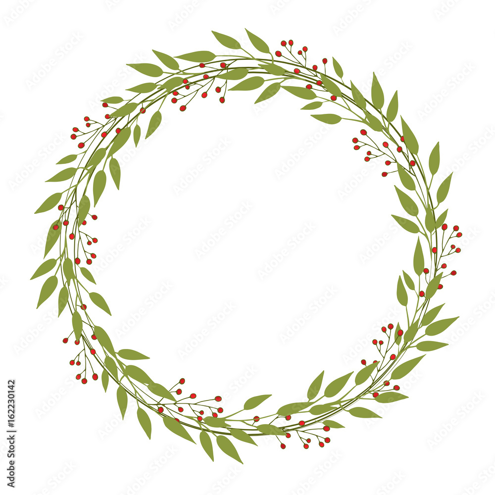 Vector wreath of green branches with leaves and berries. Simple minimalist round frame. Decor for invitations, greeting cards, posters Vector wreath of green branches with leaves and berries. Simple minimalist round frame. Decor for invitations, greeting cards, posters