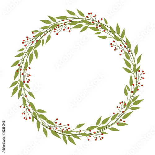 Vector wreath of green branches with leaves and berries. Simple minimalist round frame. Decor for invitations  greeting cards  posters