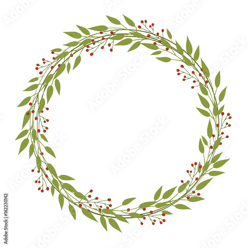 Vector wreath of green branches with leaves and berries. Simple minimalist round frame. Decor for invitations, greeting cards, posters