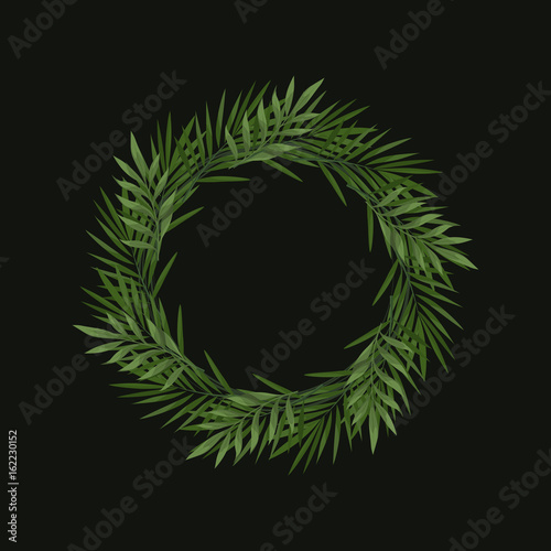 Vector wreath of tropical leaves on black background. Trendy summer tropical concept. Style of wild jungle. Template for the design of invitations, greeting cards,poster etc.