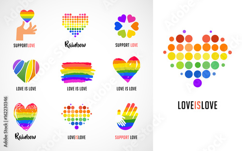 Gay, LGBT collection of symbols, icons and logos with rainbow, heart hands