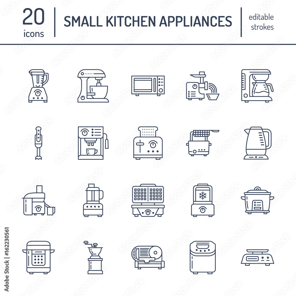 Kitchen small appliances line icons. Household cooking tools signs. Food preparation equipment - blender, coffee machine, microwave, toaster, meat grinder. Thin linear signs for electronics store.