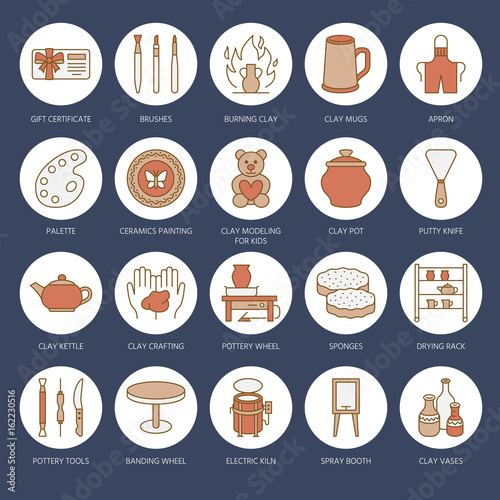 Pottery workshop, ceramics classes line icons. Clay studio tools signs. Hand building, sculpturing equipment - potter wheel, electric kiln, tools. Thin linear colored signs for art shop.