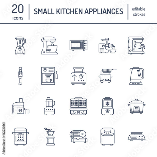 Kitchen small appliances line icons. Household cooking tools signs. Food preparation equipment - blender, coffee machine, microwave, toaster, meat grinder. Thin linear signs for electronics store.