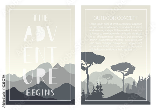 Set of nature landscape backgrounds with mountains, trees and handwritten phrase - The adventure begins. Vector templates for brochures, flyers, covers, posters, cards and invitations. Outdoor design.