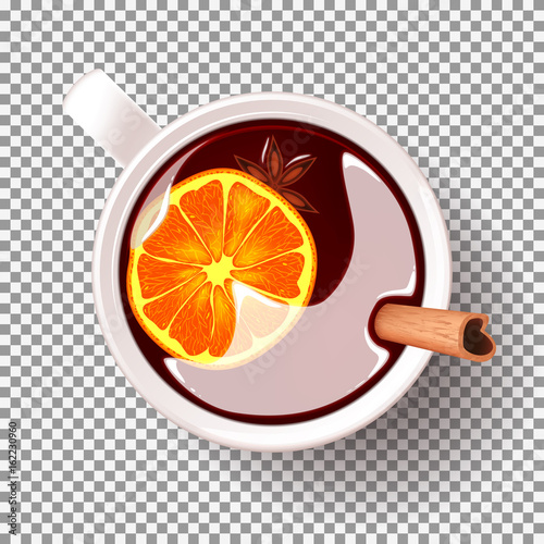 Cup of mulled wine isolated on transparent backdrop. Top view on cup with drink. Vector illustration.