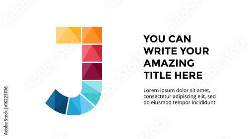 Vector alphabet infographic, presentation slide template. Business concept with letter J and place for your text. 16x9 aspect ratio.