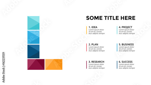 Vector alphabet infographic, presentation slide template. Business concept with letter L and place for your text. 16x9 aspect ratio.