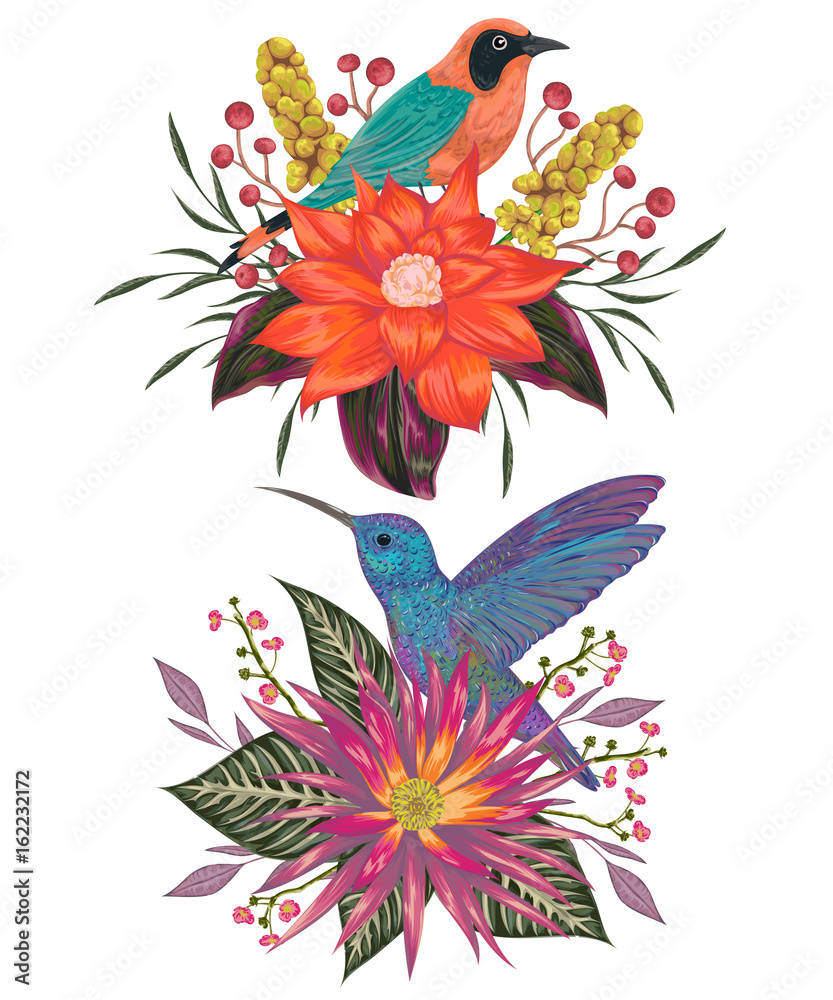 Bouquets with tropical birds, flowers,berries and leaves. Exotic flora and fauna. Vintage hand drawn vector illustration in watercolor style