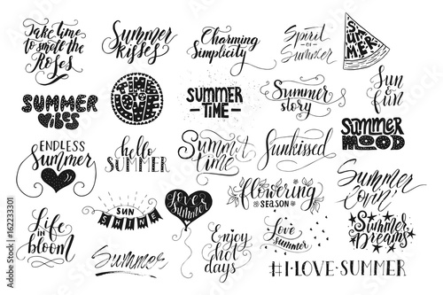 Big bundle of 25 vector hand drawn summer quotes. Handwritten with ink and brush pen.