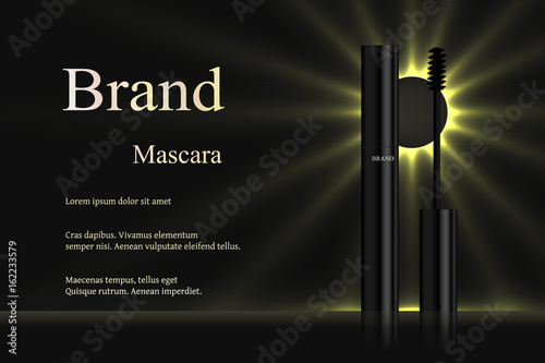 Mascara with eyebrow brush on dark background with rays of light, turnkey design, project, banner, advertising, cosmetics, brand, 3D vector realistic