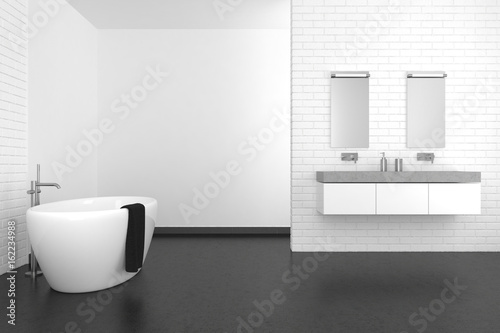 modern bathroom with white brick wall and dark floor