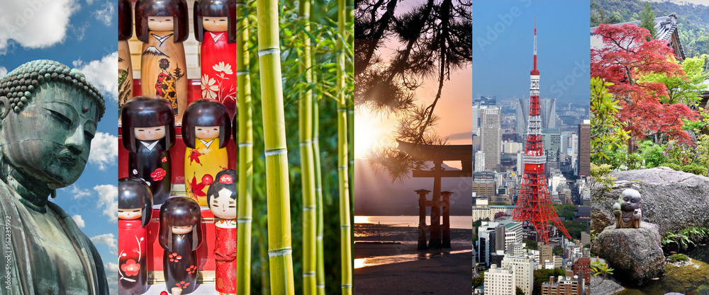 Fototapeta premium Japonia, panoramiczny kolaż zdjęć, japońskie symbole, koncepcja podróży i turystyki w Japonii