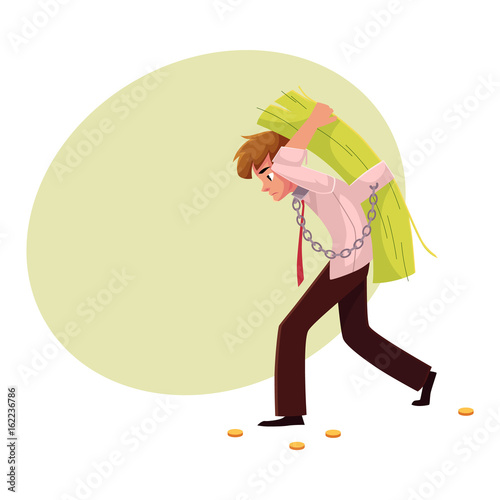 Man carrying bundle of banknotes on his back, money dependence, cartoon vector illustration with space for text. Man chained to bundle of banknotes he carries on back, financial dependence